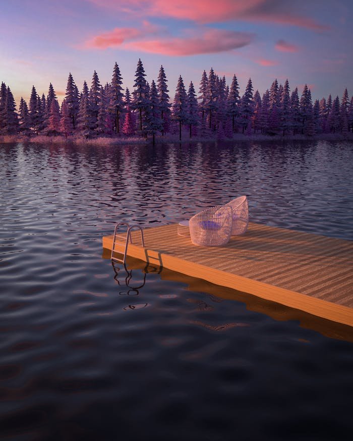 Chairs on a Jetty and a Scenic View of a Lake